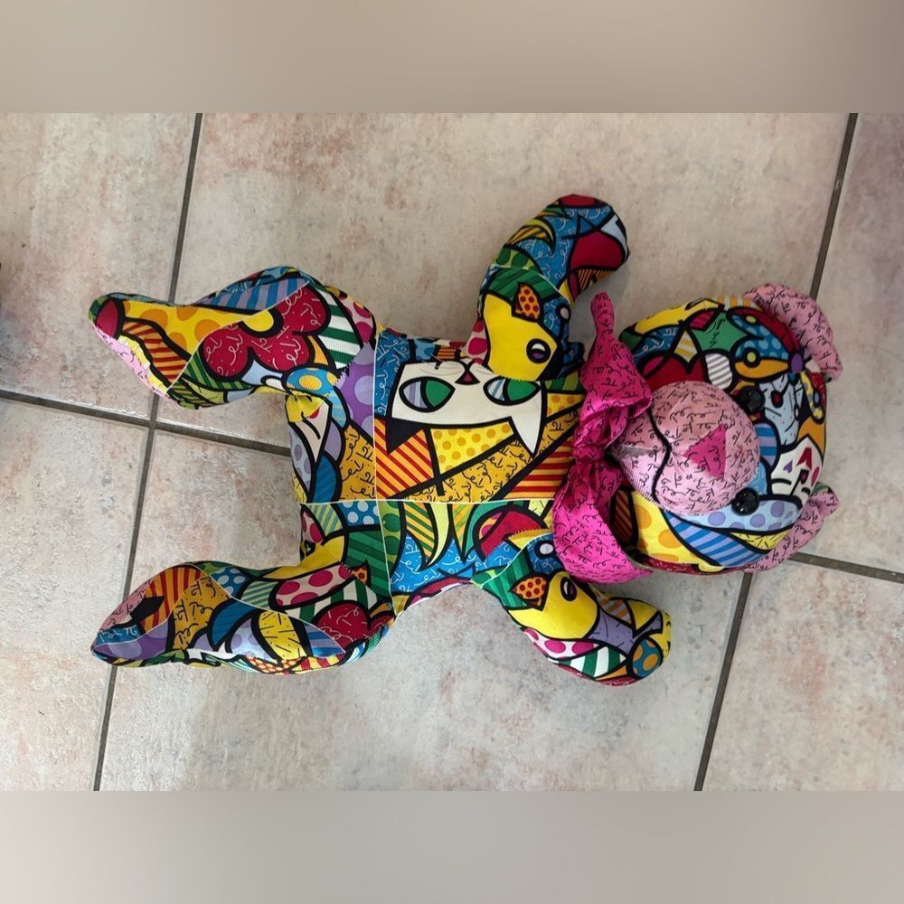 ROMERO BRITTO MR PLUSH STUFFED ANIMAL SCULPTURe ART Silk GARDEN PARTY Teddy Bear